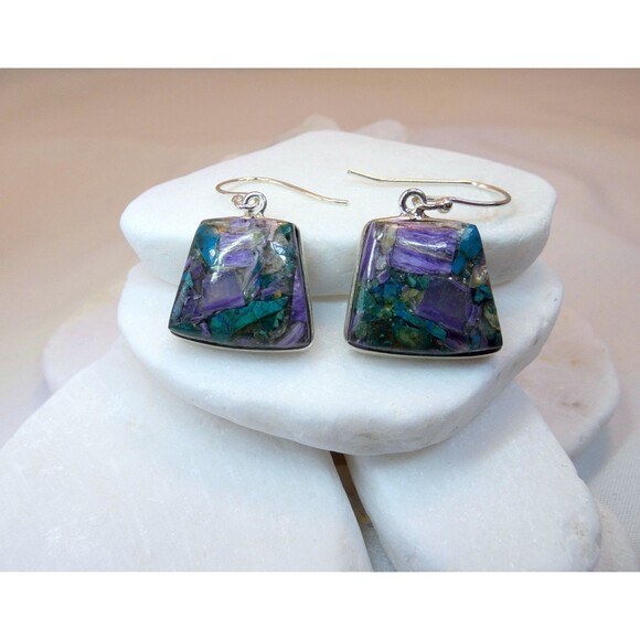 Natural Charoite -Azurite Sterling Silver Dangle Drop Earrings Handmade - Picture 2 of 4